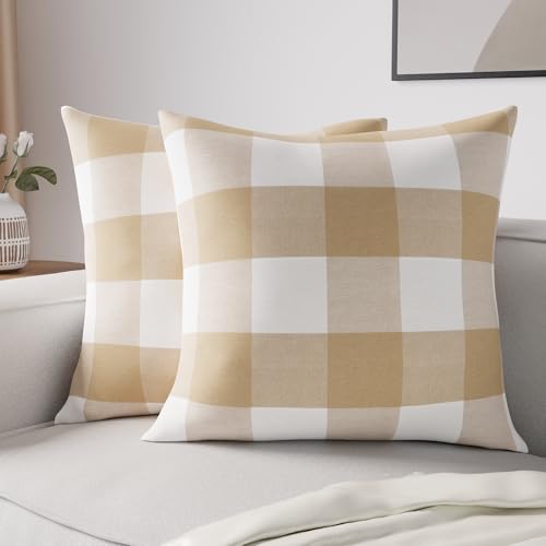 Image of Encasa XO Farmhouse Throw Pillow Covers Set of 2 (20x20 in) Buffalo Beige Checks | Decorative Cushion Covers No Inserts | Plaid and Stripes Pillow Covers for Living Room, Couch