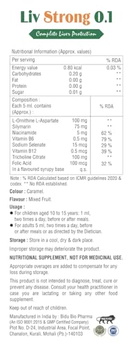 Image of Liv Strong 0.1 L-Ornithine L-Aspartate, Silymarin, Niacinamide, Vitamin B6, Sodium Selenate, Vitamin B12 Folic Acid & Tricholine Citrate Syrup Pack Of 2 For Liver, Natural Skin Glow, Pigmentation, constipation & Gut Health