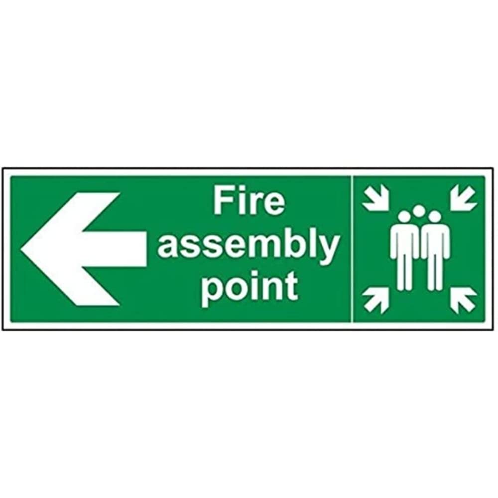 V Safety Fire Assembly Point Arrow Left Sign - 600mm x 200mm - Self Adhesive Vinyl