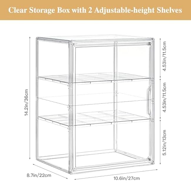 Large Clear Display Case for Collectibles Acrylic Storage Bin with 2 Removable Shelves and Magnetic Door Display Organizer Box for Anime Figures, Dolls, Car Models