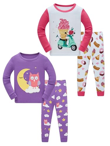 SOIBEEN Girls Pyjama Set Long Sleeve T-Shirt & Pants Loungewear Pink Purple Owl PJs for Kids Sleepwear Pyjama Nightwear 7 Years