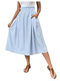 Verdusa Women's Striped Paperbag Waist Button Front A Line Midi Skirt with Pockets Blue Medium