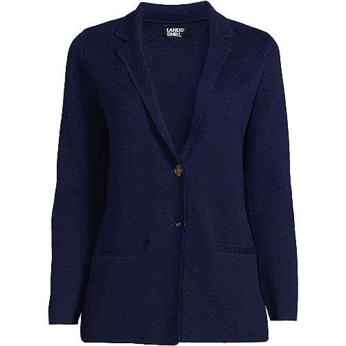 Image of Lands' End Womens FG Ctn Btn Front Blazer Sweater Deep Sea Navy Petite Large
