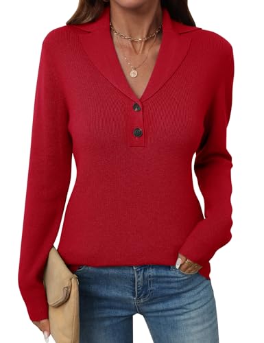 Image of LOMON Sweaters for Women 2025 Fall Knitted V-Neck Collared Button Pullover Dressy Casual Long Sleeve Polo Shirts Business