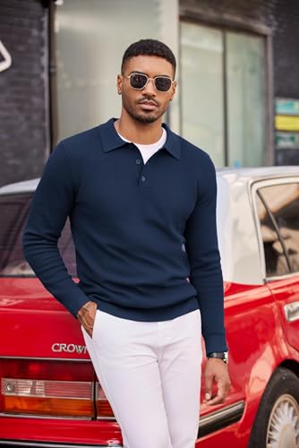 COOFANDY Men's Long Sleeve Polo Sweater Casual Light V Neck Sweater Cable Knit Pullover Polo Golf Sweaters Navy Blue3