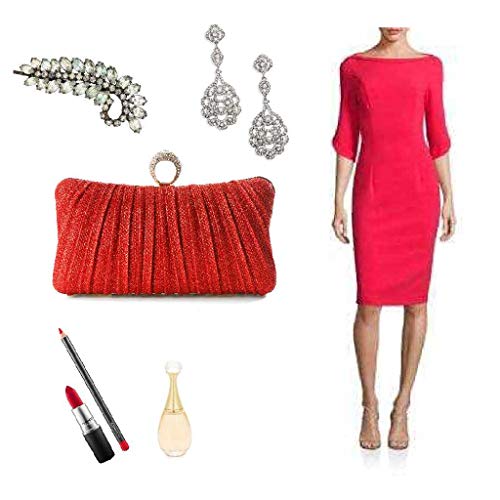 Image of Womens Golden Glitter Clutch Purse Pleated Evening Bag for Bridal Wedding Party with Rhinestone Ring