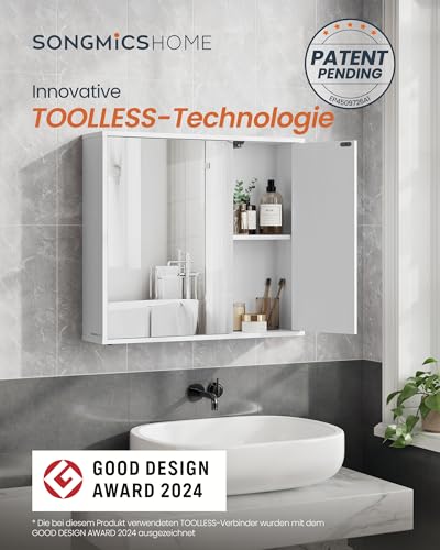 SONGMICS HOME Spiegelschrank, Badezimmerschrank, superschnelle werkzeuglose Montage, Toolless-Technologie, Badspiegel, verstellbare Ablagen, modern, 15 x 60 x 55 cm, schneeweiß BBC114WE01