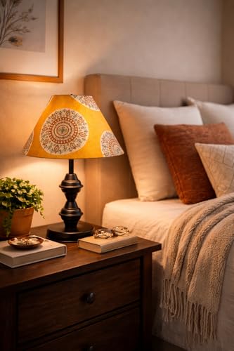 Image of tu casa Modern Table Lamp with Crimson Floral Satin Shade | Metal Iron Base Decorative lamp for Living Room| Home Decor, Designer Table Lamp for Gifting (Golden Mandala)