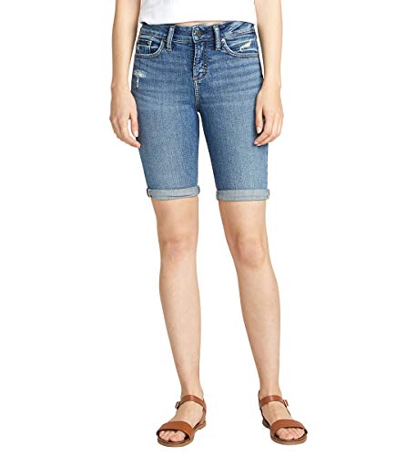 Silver Jeans Co. Women's Avery High Rise Bermuda Short, Distressed Dark Indigo Wash, 30W