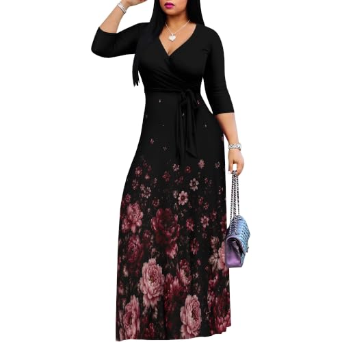 Image of Plus Size Maxi Dresses for Women V Neck 3 /4 Sleeve Wrap Dress