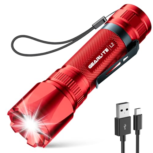 GEARLITE Taschenlampe Led Aufladbar, Superhelle Zoombare 3000 Lumen Mini Torch mit 3 Lichtmodi & Langer Betriebsdauer, IP65 Wasserdicht Taktische Handlampe für Camping Angeln Outdoor, Notfäll - Rot GEARLITE Taschenlampe Led Aufladbar, Superhelle Zoombare 3000 Lumen Mini Torch mit 3 Lichtmodi & Langer Betriebsdauer, IP65 Wasserdicht Taktische Handlampe für Camping Angeln Outdoor, Notfäll - Rot