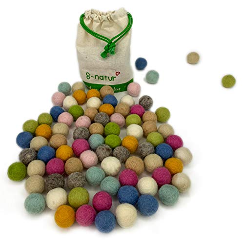 8-Natur® Mix Tente céleste Mélange de 100 Boules de Feutre de 2,3 cm d'épaisseur en Pure Laine mérinos pour bricoler des guirlandes, Mobile pour bébé et Tapis en Feutre Cover