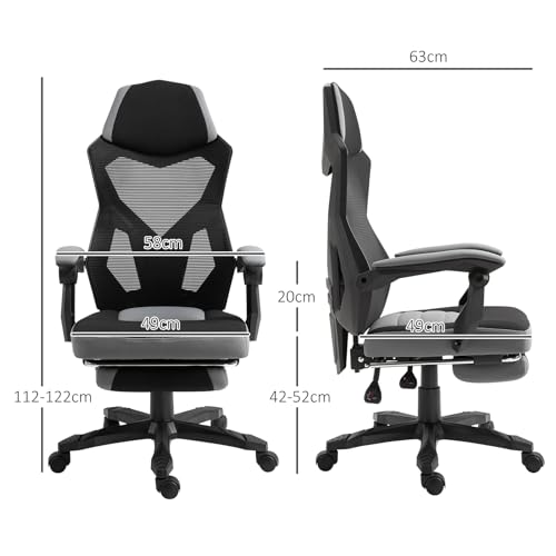 Vinsetto Chaise de Bureau Fauteuil Gaming Hauteur réglable Dossier roulettes pivotantes Repose-Pied Tissu en Maille 58L x 63l x 112-122H cm Gris Noir – Image 4