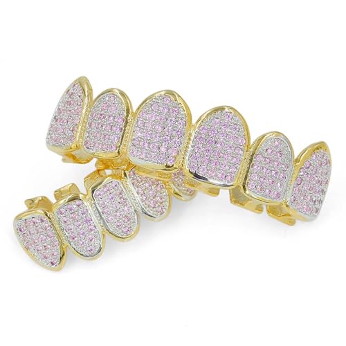 Grillz seis dientes rosa microincrustado 18k baño de oro joya hip hop para hombre y mujer 3