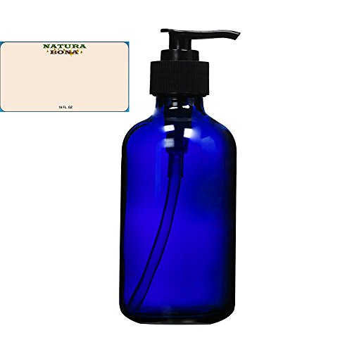 Natura Bona Professional Glass 16oz Boston Round Bottle with BPA Free Saddle Dispensing Pump & Label. Perfect for DIY Lotions, Soaps, Massage and Skin Oils, Hair Treatments (Cobalt)