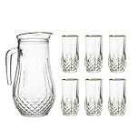 Reldor Jug and Tumbler Set 7 Pieces Drinking Glassware Set Crystal Effect Highball Water Juice Glasses Tumblers Gold Rim Pitcher Jug