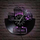 Timeglow 12 Inch Movie Films Vinyl Record Wall Clock 7 Color Changing, Home Theater Cinema and Popcorn Wall Clock Silent Non Ticking LED Night Light Wall Watch Clock Home Cinema Decor for Movie Lovers