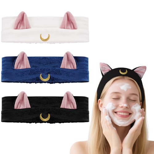 LOPHE Diademas Mujer, 3 Colores Diadema Antideslizante Elástica, Cintas Pelo de Terciopelo Mujer, Cinta de Pelo con Orejas de Gato y Bordado de Luna, Headband para Maquillaje,Yoga,Bañarse,Spa,Deportes