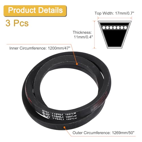 Image of uxcell 3 Pack B47 Classic Wrapped V-Belt, 50 inch Outside Circumference Wrapped Industrial Rubber V-Belt B Profile V-Belt for Industrial Machinery Equipment, Black
