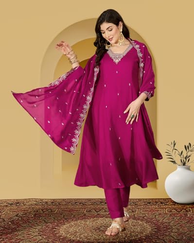 Image of Amazon Brand - Tavasya Women Vichitra Zari Sequence Embroide Kurta with Pant and Dupatta|Salwar Suit|Kurta Set|3 Piece Set