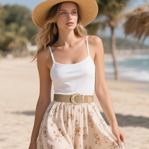 JASGOOD 2 Pack Women Woven Waist Belt for Dress Boho Rattan Belt Wide Braided Belt with Round Buckle4