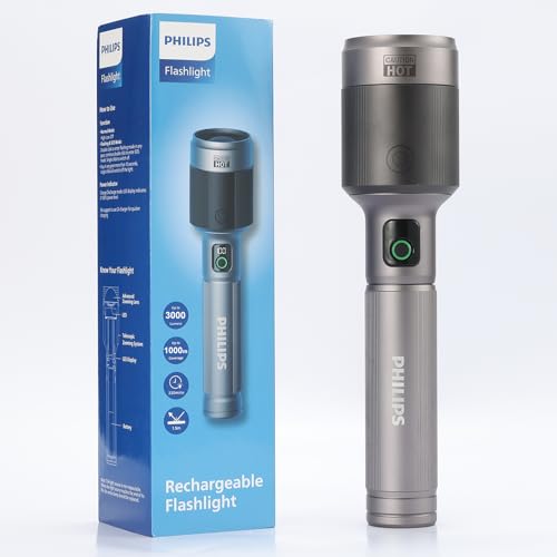 Image of PHILIPS 9000mAh LED Torch Light, 3000LM Flashlight with Telescopic Zoomable, 1000M Coverage, 60W High Power Rechargeable Handheld Flash Light for Indoor, Camping, Exploration, Emergency Lighting