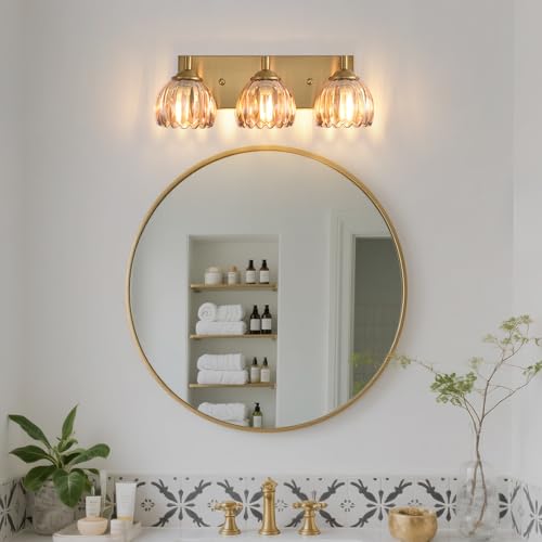 Image of Bathroom Vanity Light Fixtures, 3-Light Brushed Gold Bathroom Light Fixtures Over Mirror, Antique Wall Lights with Amber Glass Tulip Light Shade for Mirror, Kitchen, Hallway, Cabinet, Porch