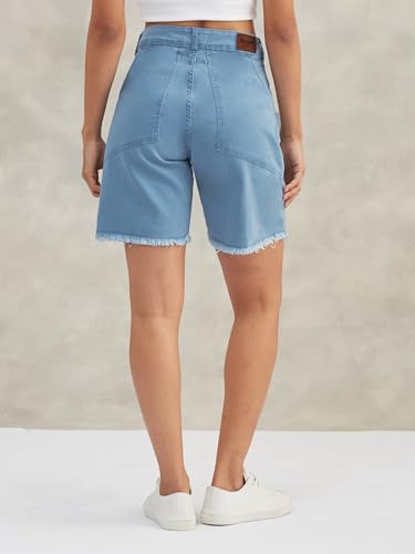 Image of Dolce Crudo Women's Relaxed Fit Mid-Rise Denim Shorts with Adjustable Waist & Frayed Hem