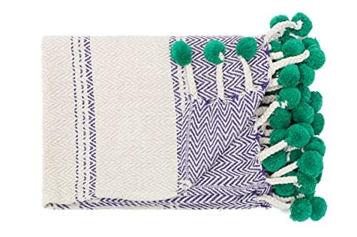 Plaid 100 % coton avec pompons, Sofia - Fait main - Plaids pour chaise, canapé, lit, fauteuil d'accent & décorations de maison - Aménagements décoratifs - lavable - 127 x 152,4 cm - Violet
