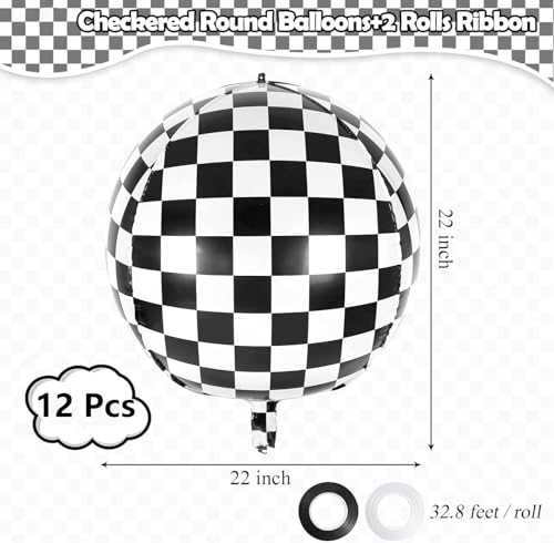 Image of 12 Pcs Checkered Balloons, 22 Inch Checkered Round Foil Balloons, Black and White Checkerboard Mylar Sphere Balloons for Race Car Birthday Party Decorations Supplies (12 Pcs)