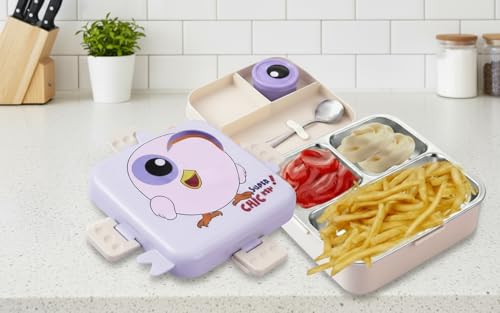 Image of Darkpyro Super Bite Buddy Cartoon Kids Lunch Box with Compartments - Air Vent, Spoon, Sauce Container & Stainless Steel Tray - Purple Chick Design(1100ml+50ml)