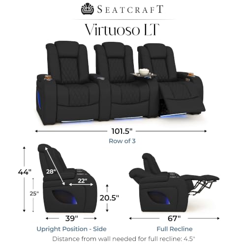 Image of Seatcraft Virtuoso LT Black Italian Leather Home Theater Seating, Zero Gravity Power Recliner, Powered Headrest and Lumbar Gaming and Home Office Chair, Heat and Massage Lounge Sofa, Row of 3