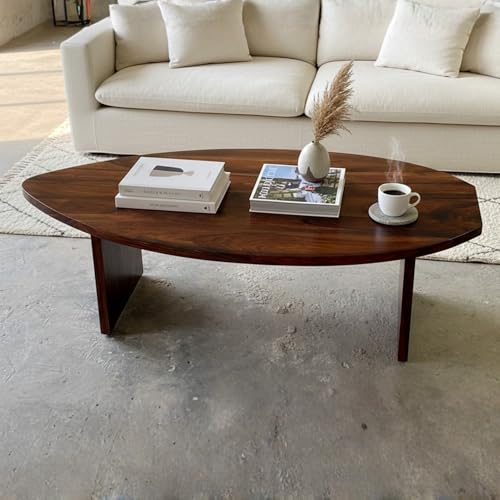 Image of Solid Sheesham Wood Oval Coffee Table for Living Room | Modern Low Height Centerpiece for Sofa Seating Area | Handcrafted Wooden Accent Furniture | Durable Designer Piece for Home & Apartment | Brown