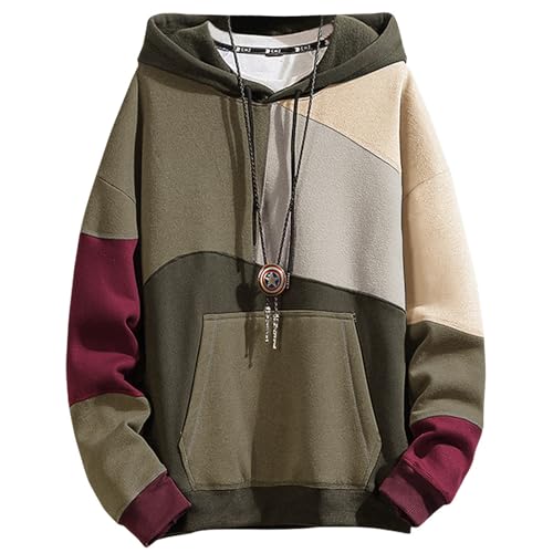 XIAOYAO Men's Fashion Hoodies Techwear Color Block Long Sleeve Sweatshirts Unisex Lightweight Colourful Hoodie Pullover Green Grey