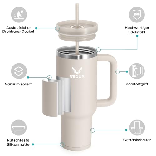 Image of Drinking Bottle with Straw, 1.2 L Thermal Mug with Handle, Leak-Proof | Double wall vacuum insulation, splash proof lid, non-slip silicone base, fits car cup holders