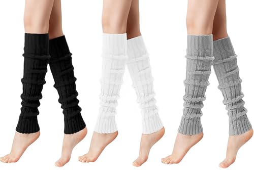 MOAZIFI 3 Paare Stulpen Damen, Leg Warmers, Stulpen Für Damen, Beinstulpen Damen, Beinwärmer, Legwarmers, Für Winterwärmer, Warme Beinstulpen Strick, Beinwärmer Damen(Schwarz, Weiß, Grau)