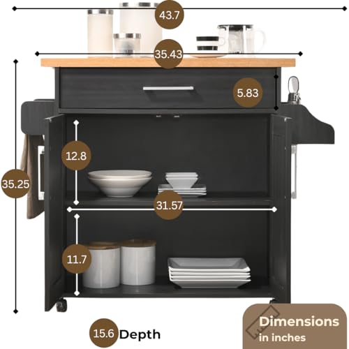 image for Hodedah Rolling Wood Kitchen Island Cart with Spice Rack, Towel Rack, 