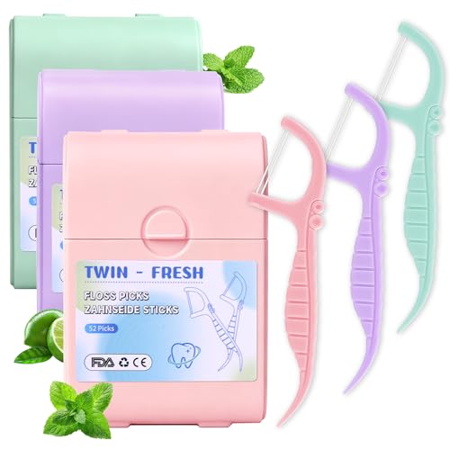 Fil Dentaire Double avec manche Menthe 156Pcs Porte Fils Dentaires avec Cure-dents Plastique à double fil Dental Floss Fils Interdentaires Bâtonnets de soie dentaire 3 saveurs (Menthe & Lime)