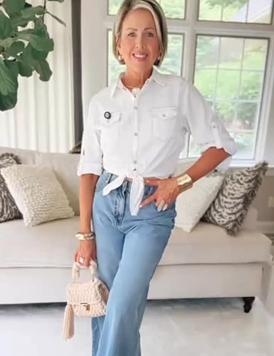 Image of Omoone Wome Crop Modern Denim Top Tie Knot Shirt Chambray Cardigan | Roll Up 3 /4 Sleeve, Button Down, Tie Front Blouse, Western Cowgirl Jean Shirts