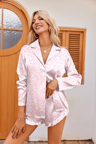 Image of Ekouaer Womens Satin Pajama Sets Long Sleeve Top and Shorts Lounge Set Button Down Sleepwear