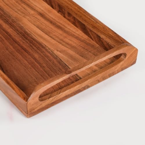 Image of Nestasia Wooden Serving Tray with Handles (36x22cm) - Acacia Wood Rectangular Brown Tray for Dining & Coffee Table | Platter for Serving Tea, Cakes, Snacks, Breakfast & Home Decor (Amber Brown)