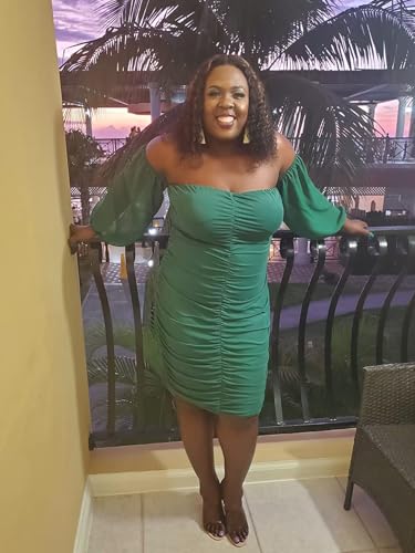 Image of EDITCOZY Women Plus Size Dresses Curvy Off Shoulder Long Sleeve Cocktail Wedding Guest Bodycon Club Midi Dress Green 3XL