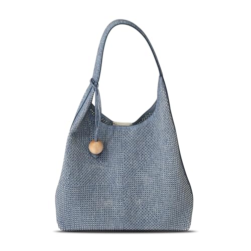 Perforated Denim Tote Bag for Women - Large Capacity Hobo Handbag with Wooden Charm & Inner Pouch