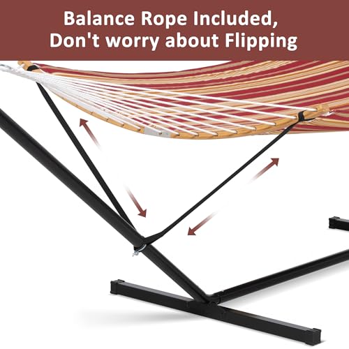 Image of SUNCREAT Hammocks Portable Hammock with 12 ft Stand Included, Double Hammock with Curved Spreader Bar, Red Stripes