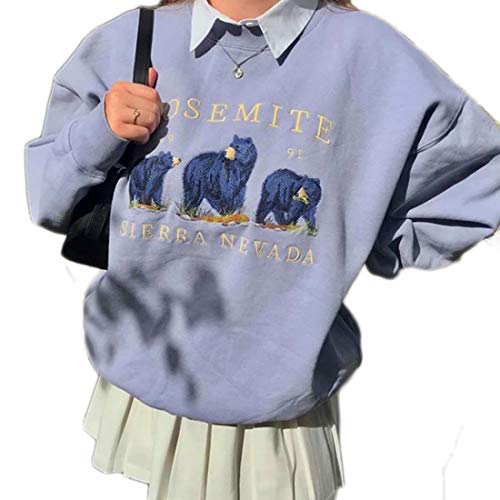 Vintage Bear Embroid Sweatshirts Women 2020Harajuku Streetwear Casual Long Sleeve Crewneck Oversized Fashion Hoodie Korean Girls (Sky Blue, XL)