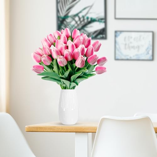 Image of Sggvecsy 30 Pcs Fake Tulips Artificial Flowers Real Touch PU Faux Flowers Tulip Stems for Wedding Spring Bouquet Floral Arrangement Home Party Office Decorations for Mother's Day (Rose Pink)