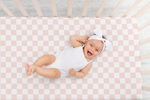Image of Sweet Jojo Designs Fitted Baby Crib Sheets (Pink Gingham Checkered) for Girls, Infant Nursery, Toddler Room - Standard Size (Neutral, Plaid, Vintage, Modern, Check, Blush & White, Geometric, Retro)