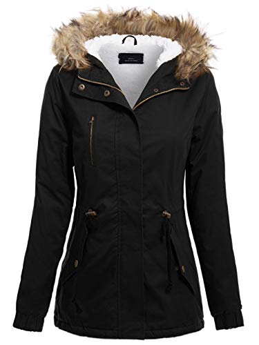 MixMatchy Women\'s Junior Fit Faux Fur Lining Warm Casual Military Anorak Safari Hoodie Jacket Black S