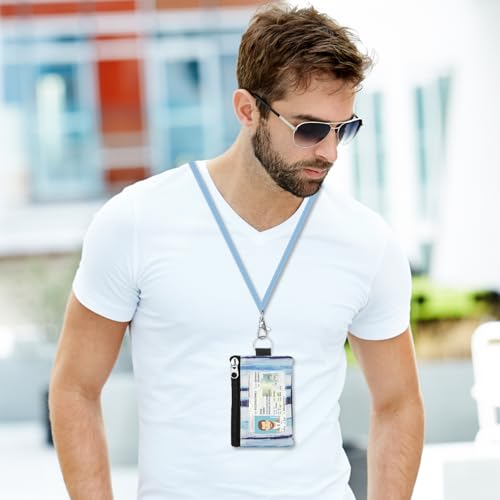Image of Minimalist RFID Wallet with Lanyard, Multi-functional ID Case with 2 Zipper Pockets and Key Chain for Men and Women, Tactical Badge Pouch Cards Holder, Coin Purse for Travel Sports - Two-Tone