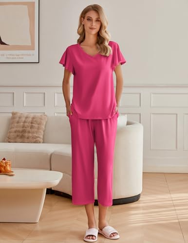Image of Ekouaer Womens Cotton Pajamas Sets Short Sleeve Capri Pants with Pockets